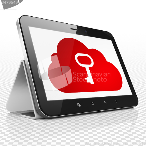Image of Cloud computing concept: Tablet Computer with Cloud With Key on display