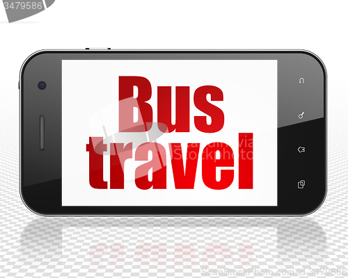 Image of Tourism concept: Smartphone with Bus Travel on display