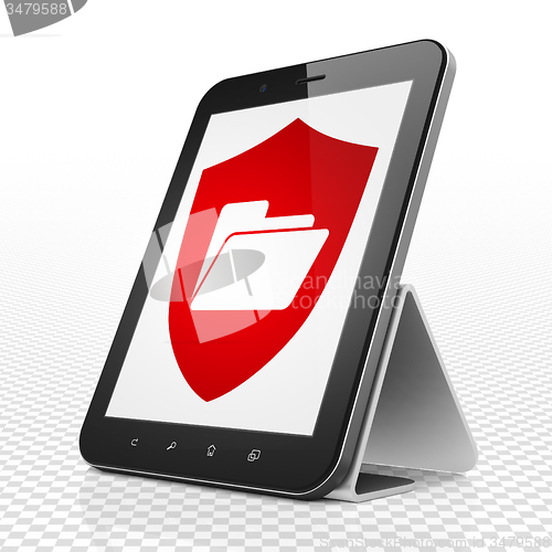 Image of Business concept: Tablet Computer with Folder With Shield on display