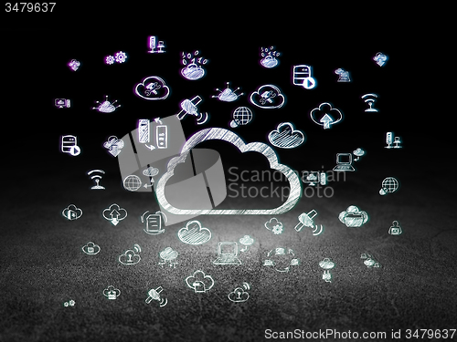 Image of Cloud technology concept: Cloud in grunge dark room