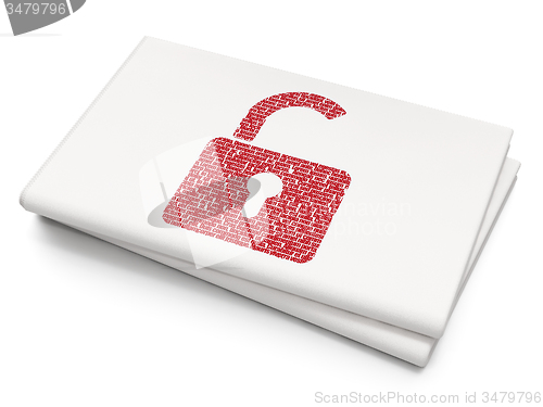 Image of Data concept: Opened Padlock on Blank Newspaper background