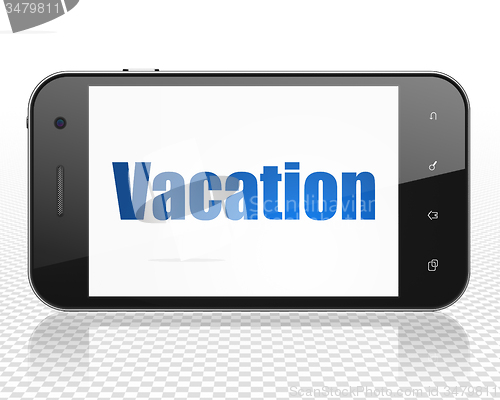 Image of Tourism concept: Smartphone with Vacation on display