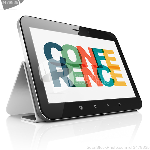 Image of Finance concept: Tablet Computer with Conference on  display