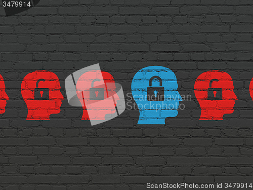 Image of Finance concept: head with padlock icon on wall background