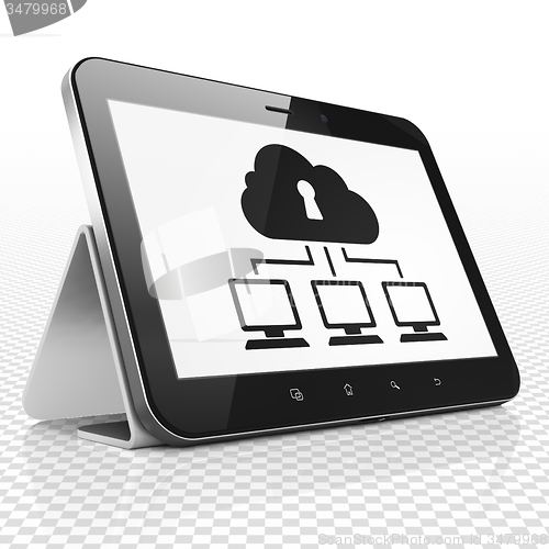 Image of Privacy concept: Tablet Computer with Cloud Network on display