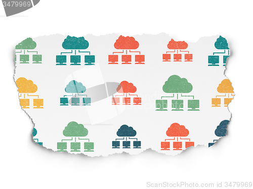 Image of Cloud networking concept: Cloud Network icons on Torn Paper background
