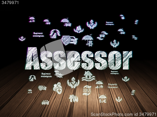 Image of Insurance concept: Assessor in grunge dark room