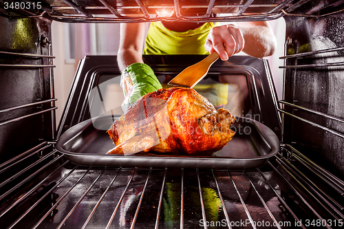 Image of Cooking chicken in the oven at home.