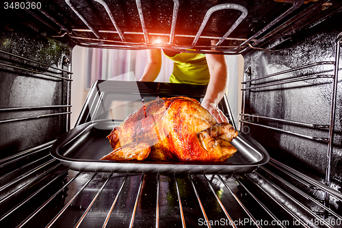 Image of Cooking chicken in the oven at home.