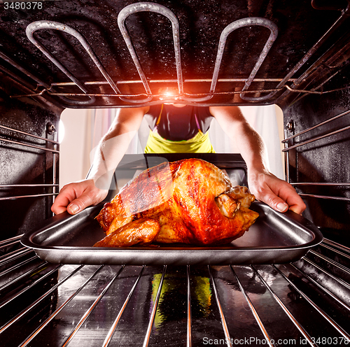 Image of Cooking chicken in the oven at home.