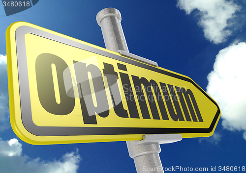 Image of Yellow road sign with optimum word under blue sky