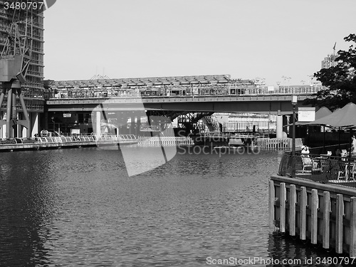 Image of Black and white West India Quay in London