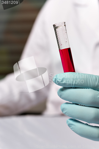 Image of Closeup chemist with red liquid