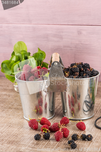 Image of Metal buckets with fresh berries