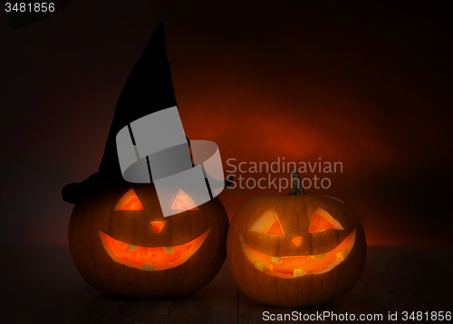 Image of close up of pumpkins on table