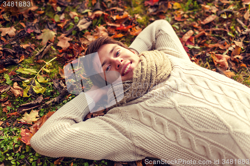 Image of close up of smiling young man lying in autumn park