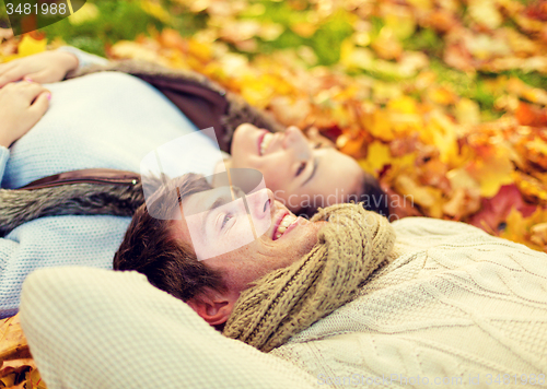 Image of close up of smiling couple lying in autumn park