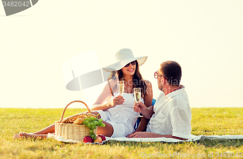Image of smiling couple drinking champagne on picnic