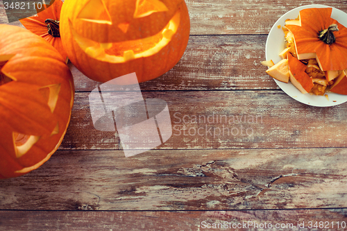 Image of close up of pumpkins on table