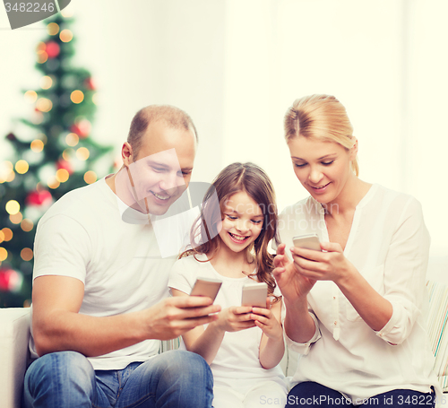 Image of happy family with smartphones