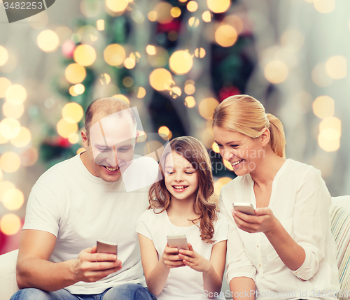 Image of happy family with smartphones