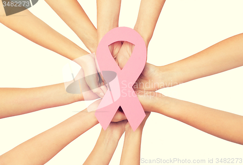 Image of close up of hands with cancer awareness symbol