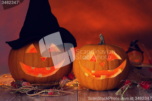 Image of close up of pumpkins on table