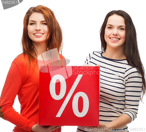 Image of two smiling teenage girl with percent sign on box