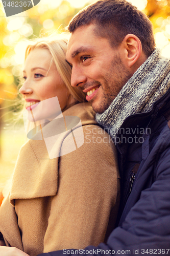 Image of smiling couple hugging in autumn park