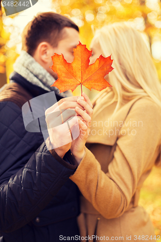 Image of close up of couple kissing in autumn park