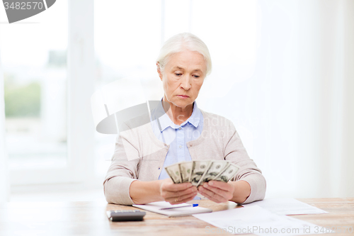 Image of senior woman with money and papers at home