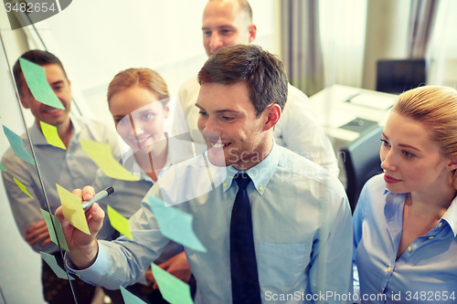 Image of smiling business people with marker and stickers