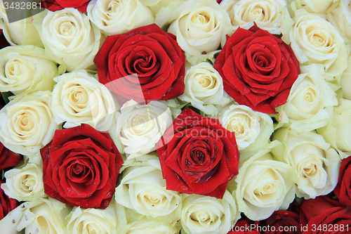 Image of Red and white roses in a wedding arrangement