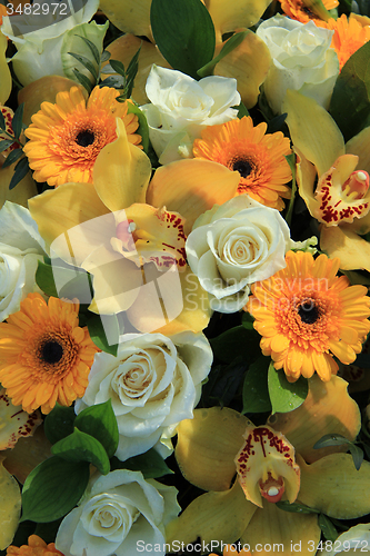 Image of Cymbidium orchids, Gerberas and roses