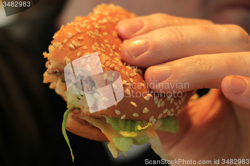 Image of Man holding a hamburger