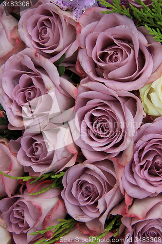 Image of Purple roses in a wedding arrangement