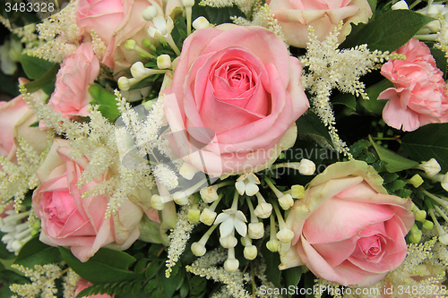 Image of Pink roses and stephanotis in bridal bouquet