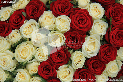 Image of Red and white roses in a wedding arrangement