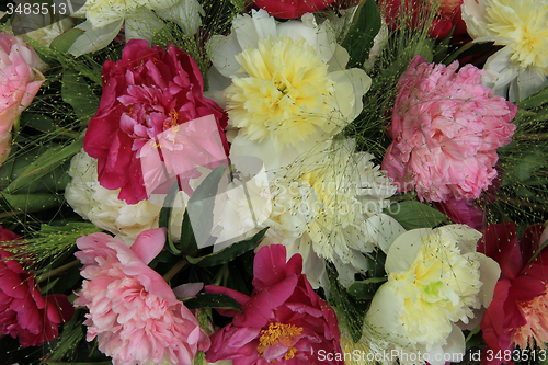 Image of Yellow/white and pink peony wedding arrangement