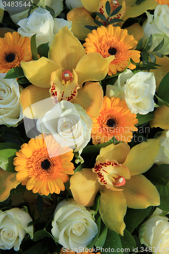 Image of Cymbidium orchids, Gerberas and roses