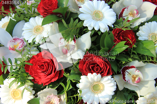 Image of Cymbidium orchids, red roses and white gerberas