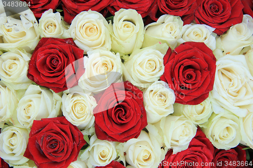 Image of Red and white roses in a wedding arrangement