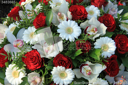 Image of Cymbidium orchids, red roses and white gerberas