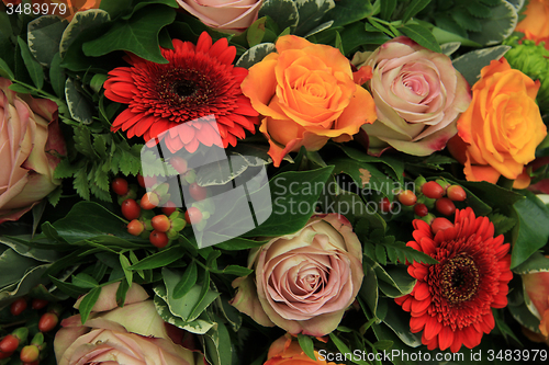Image of Roses and gerberas in a wedding arrangement