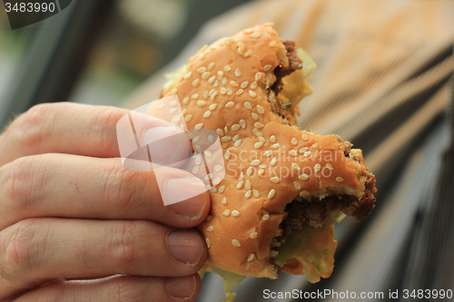 Image of Man holding a hamburger