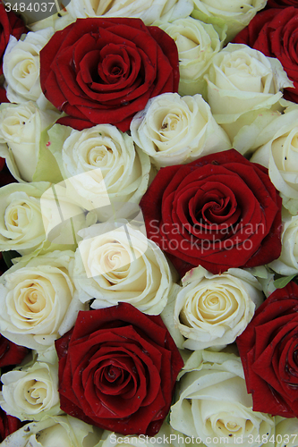 Image of Red and white roses in a wedding arrangement