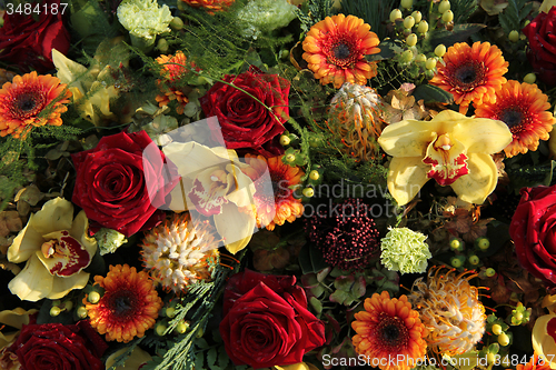 Image of roses and orchids in a flower arrangement