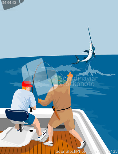 Image of Fishermen hooking a blue marlin
