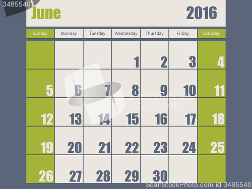 Image of Blue green colored 2016 june calendar