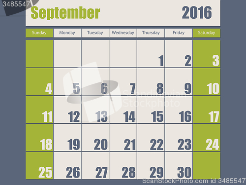 Image of Blue green colored 2016 september calendar